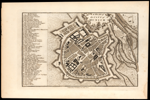 Ein detaillierter alter Stadtplan von München, Deutschland, auf einem schwarzen Hintergrund, der Straßen, Gebäude und Sehenswürdigkeiten zeigt, mit Text für zusätzliche Informationen.