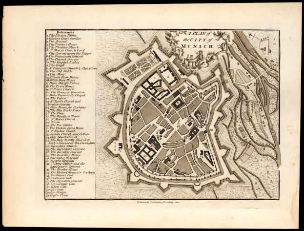 Ein detaillierter alter Stadtplan von München, Deutschland, auf einem schwarzen Hintergrund, der Straßen, Gebäude und Sehenswürdigkeiten zeigt, mit Text für zusätzliche Informationen.