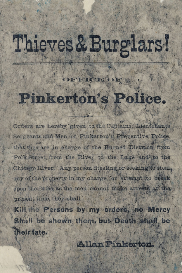 Plakat mit fetter schwarzer Schrift "Diebe & Einbrecher Pinkerton's Police" auf weißem Hintergrund, der von einem schmalen schwarzen Rand umgeben ist.