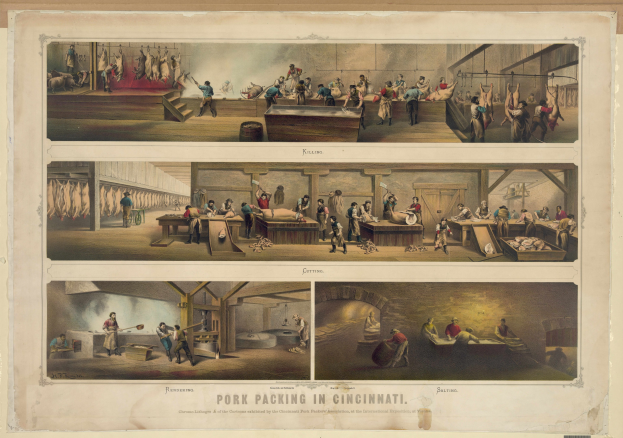 Eine Gruppe von Menschen verpackt Schweinefleisch in Cincinnati, Ohio, stehend und sitzend um Tische mit verschiedenen Gegenständen drumherum, mit Text unten lesend "Schweinefleischverpackung in Cincinnati."