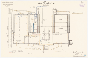 Ein detailliertes Blueprint-Zeichnung des Workballe-Gebäudes in Berlin, Deutschland, mit Text und einem Stempel.