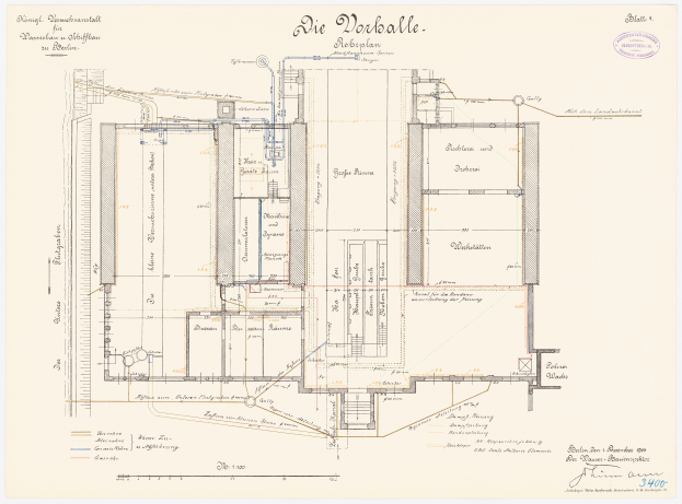 Ein detailliertes Blueprint-Zeichnung des Workballe-Gebäudes in Berlin, Deutschland, mit Text und einem Stempel.