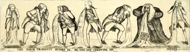 Eine Zeichnung einer Gruppe von besorgten Menschen, die zusammenstehen, mit dem Text "Die trübe Aussicht vor uns, oder die Ins werfen auf" darüber.