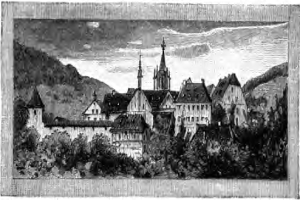 Eine Schwarzweiß-Radierung eines Schlosses im Wald, umgeben von Bäumen und Hügeln im Hintergrund, und der Text "Bayern, Deutschland" unten.