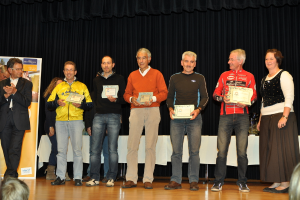 Eine Gruppe von Menschen auf einer Bühne mit Urkunden in der Hand, im Hintergrund ein Banner, ein Tisch daneben und ein schwarzer Vorhang.
