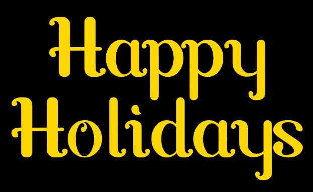 Gelber "Fröhliche Feiertage"-Text auf einem weißen Hintergrund.