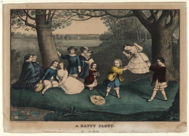 Kinder spielen in einem Park mit Bäumen und Gras, einige sitzen und andere stehen, mit dem Text "Ein fröhliches Fest" unten.