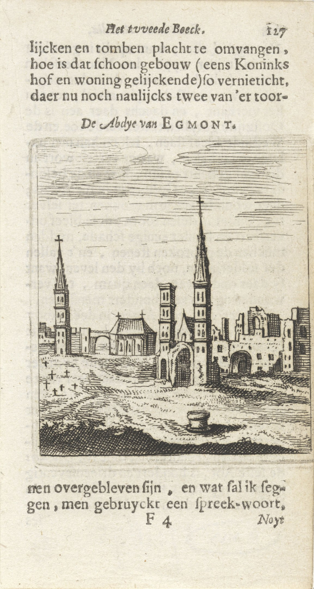 Eine detaillierte Abbildung einer alten Buchseite mit einer Stadtansicht und begleitendem Text.