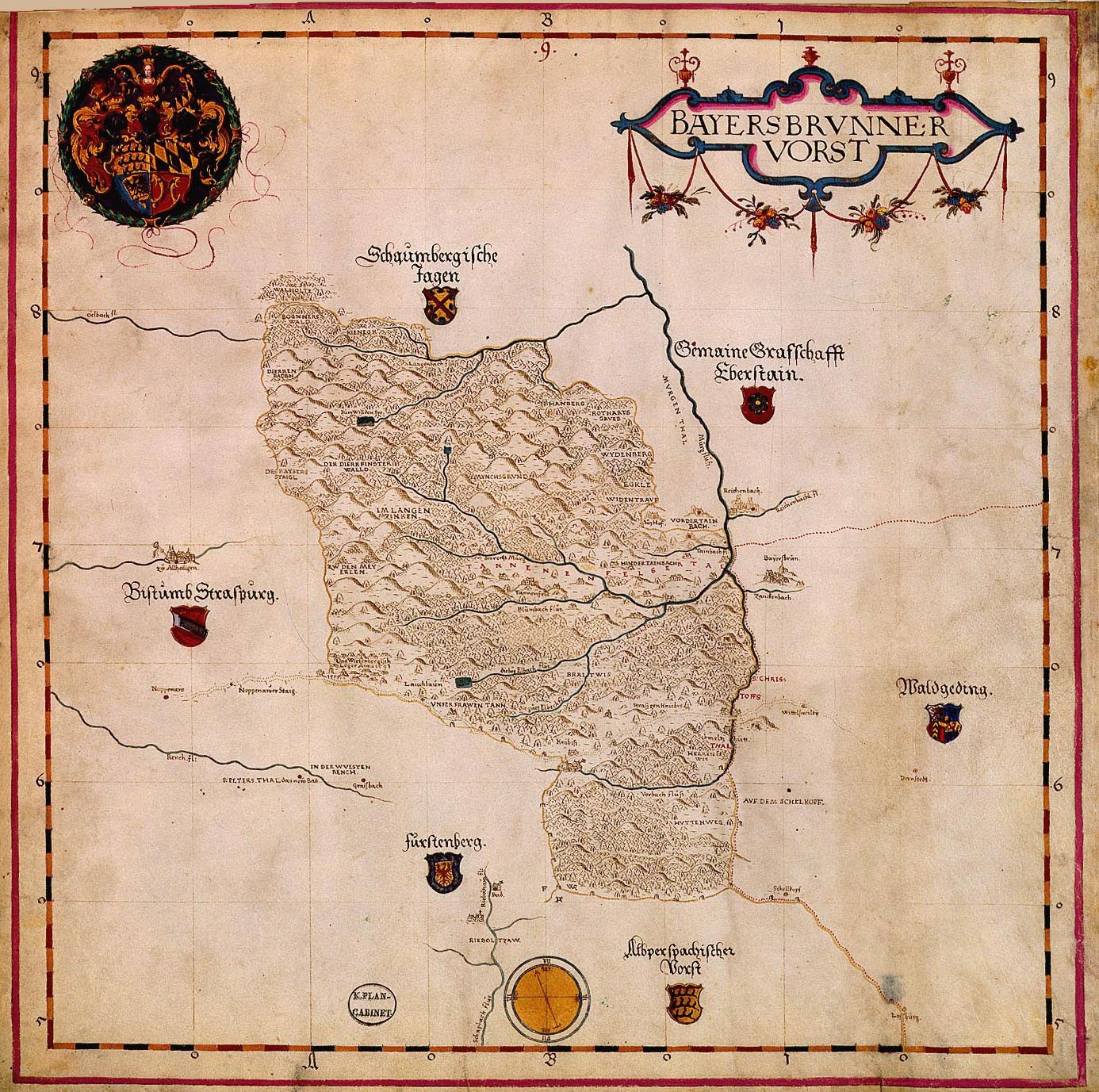 Historische 15. Jahrhundert-Karte von Bayern mit Text, Flüssen, Bergen und Städten, auf einem Plakat dargestellt.