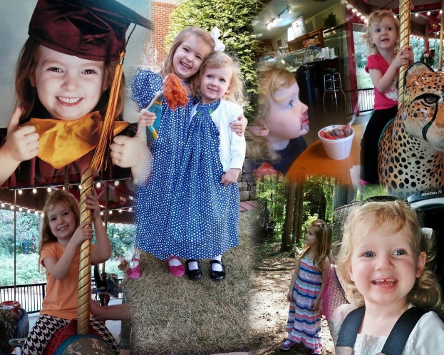 Collage mit lustigen Fahrgeschäften, Kindern, einem Tisch mit Lebensmitteln, Besteck, Lichtern, natürlichen Elementen und diversen Gegenständen.