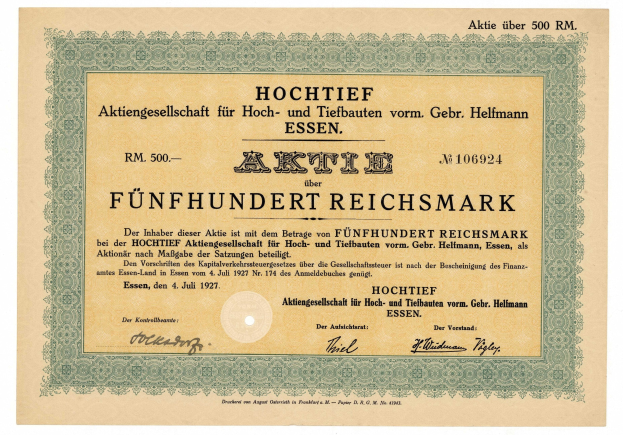 Altes deutsches Wertpapier mit grünem Rand und gedrucktem Text.