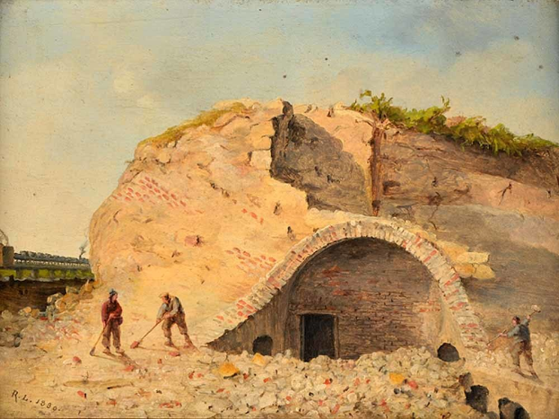 Gemälde mit dem Titel "Tunnelbau" (1880), das Männer bei der Arbeit an einer Baustelle mit einem Hügel, einer Brücke auf der linken Seite und einem Himmel im Hintergrund zeigt.
