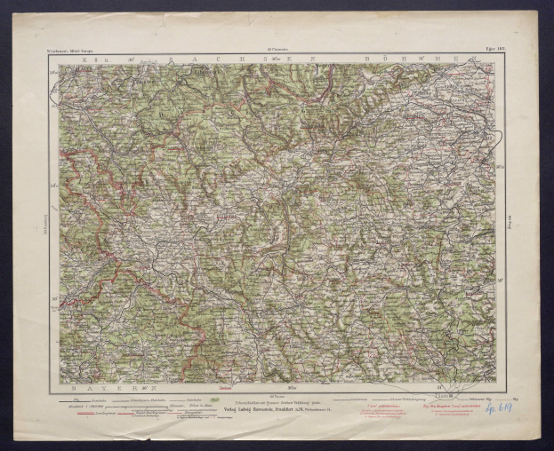 Alte topografische Karte von Bayern, Deutschland, auf einem schwarzen Hintergrund, die Straßen, Städte und geografische Merkmale zeigt.