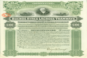 Altes Aktienzertifikat für die Buenos Ayres Lacroze Tramways Company mit einem Mann im Anzug und formeller Text.