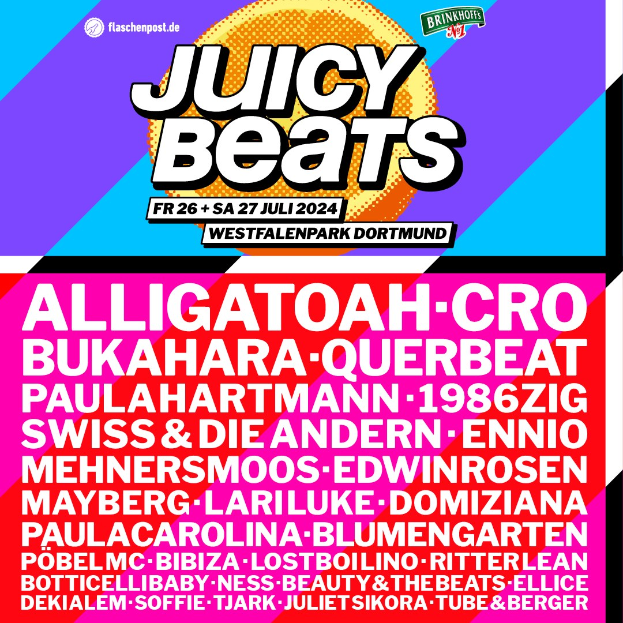 Ein lebendiger Plakat für das "Juicy Beats Festival" mit fetter schwarzer Schrift auf einem hellgelben Hintergrund, umgeben von einem schwarzen Rand, mit bunten Bildern eines Mikrofons, Plattenspielers und Ständers.
