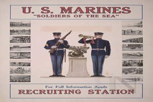 Ein Plakat mit der Aufschrift "U.S. Marines Soldaten des Meeres" in fetter schwarzer Schrift, das eine Gruppe von Soldaten in Formation mit Gewehren zeigt, vor einem tiefblauen Hintergrund mit Sternen.