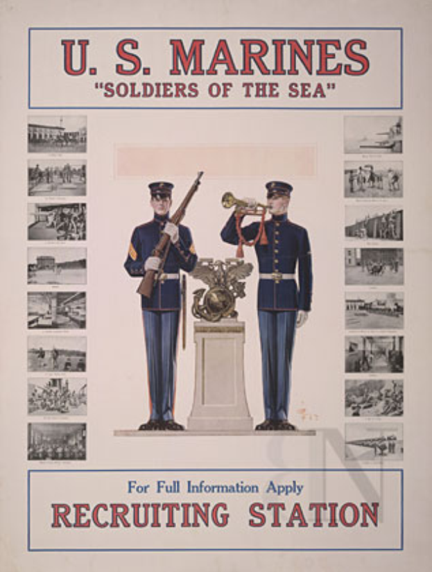 Ein Plakat mit der Aufschrift "U.S. Marines Soldaten des Meeres" in fetter schwarzer Schrift, das eine Gruppe von Soldaten in Formation mit Gewehren zeigt, vor einem tiefblauen Hintergrund mit Sternen.