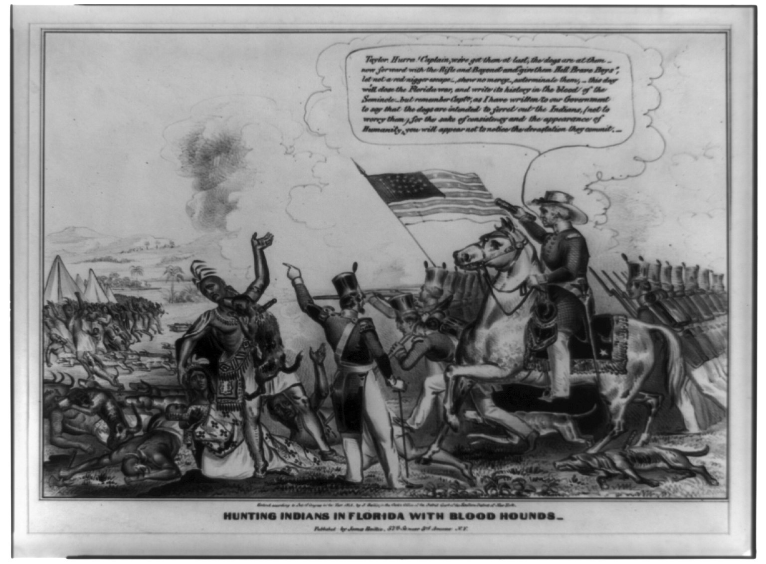 Schwarzes und weißes Foto einer Gruppe von Menschen, einige zu Pferde, mit einer Flagge im Hintergrund und der Beschriftung "Jagen von Indianern in Florida mit Bluthunden" unten.