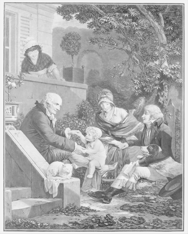 Eine Schwarz-Weiß-Gravur einer Familie, die auf den Stufen eines Hauses sitzt, mit einem Mann, der ein Baby in der Mitte hält, zwei Frauen und einem Kind zu beiden Seiten, einer Treppe, die zum Haus führt, und Bäumen und einer Wand im Hintergrund.