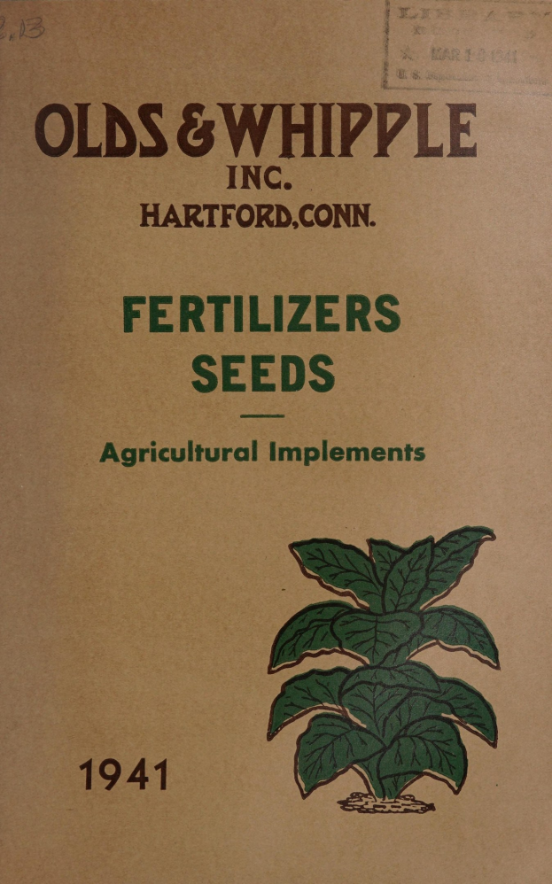 Alter Buchumschlag mit der Aufschrift "Düngemittel Samen Landwirtschaftliche Geräte 1941" mit einer Illustration einer grünen Pflanze mit Blättern und Stielen, eingerahmt von einem weißen Rand.