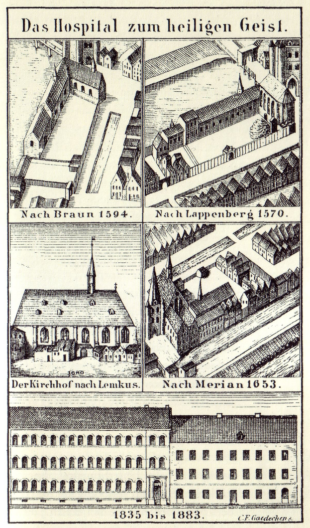 Detailreiches Poster mit einer Zeichnung eines deutschen Krankenhausgebäudes, einschließlich Text mit Informationen zur Größe, Lage und Ausstattung des Krankenhauses.