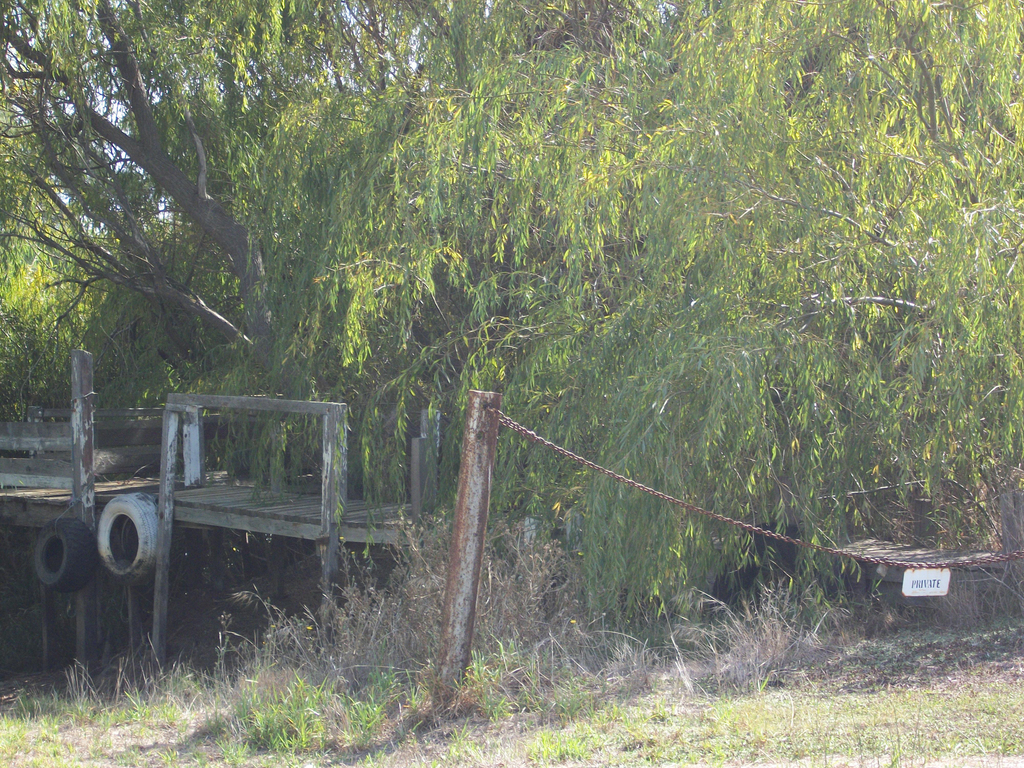 Eine grüne Fläche mit einem Eisenstab und einer Kette, eine hölzerne Bank links und drei Bäume im Hintergrund.