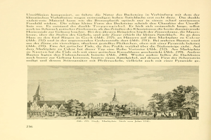 Ein aufgeschlagenes Buch mit einer Stadtansicht-Illustration, das Gebäude, Bäume und Menschen zeigt, zusammen mit Text, der wahrscheinlich die Szene beschreibt.