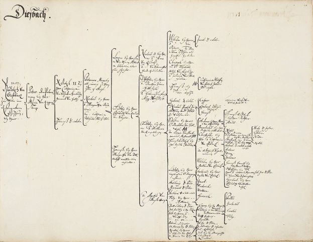 Offenes Buch mit handschriftlicher genealogischer Familiengeschichte einer deutschen Familie, das detaillierte Informationen über die Abstammung und Familienmitglieder zeigt.
