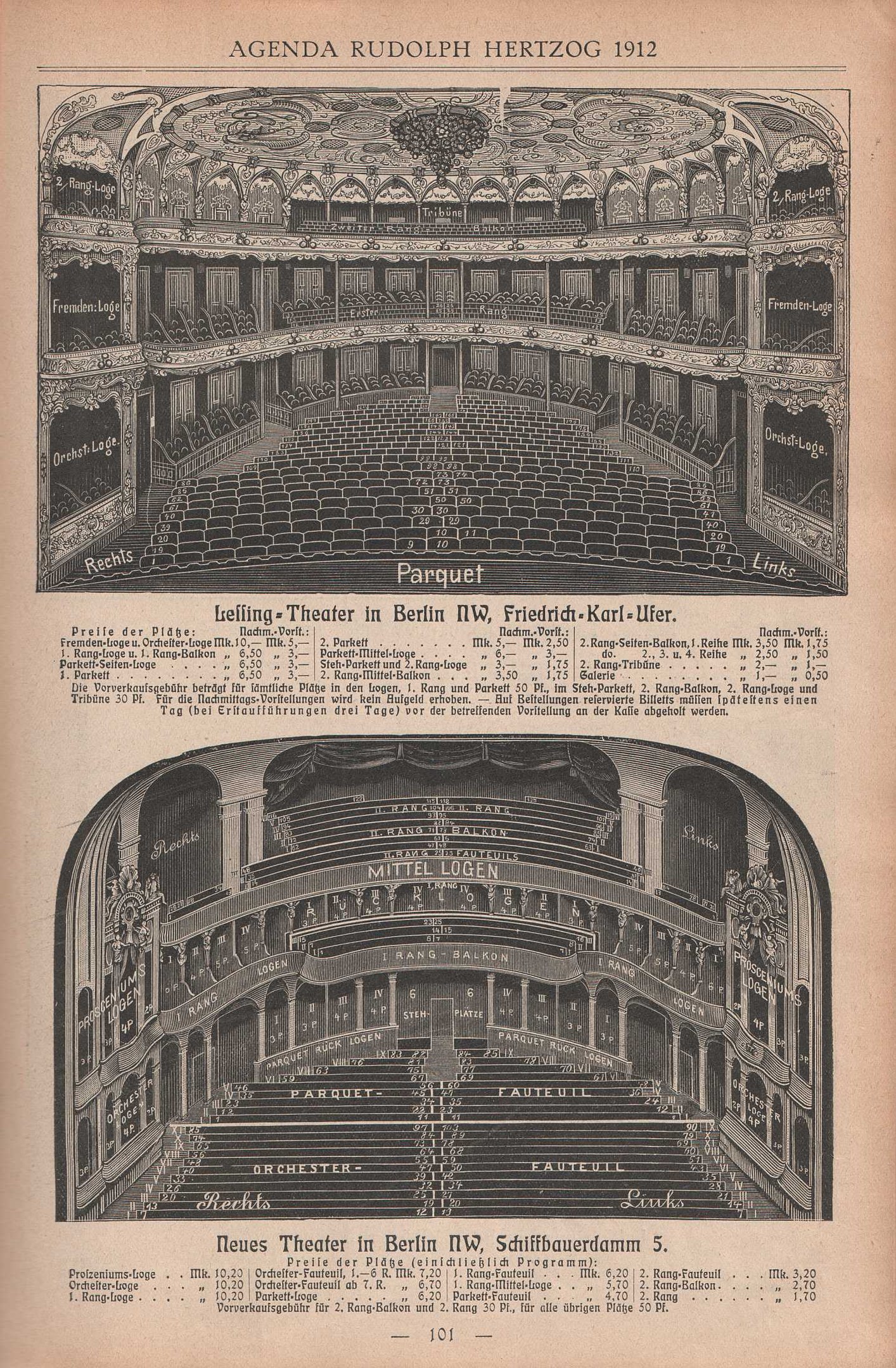 Schwarz-weiß-Illustration eines großen Auditoriums in Berlin, Deutschland, aus dem Jahr 1912 neben Text zur Beschreibung des Layouts.