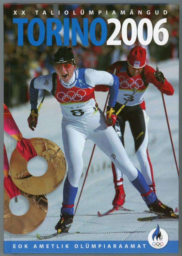 Ein Plakat der Olympischen Spiele 2006 in Turin, Italien, das zwei Skifahrer auf dem Schnee mit "Turin 2006" darüber zeigt.