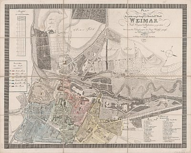 Ein detailliertes historisches Stadtplan von Weimar, Deutschland, das Straßen, Gebäude und Sehenswürdigkeiten zeigt, begleitet von Texten über die Bevölkerung und Merkmale der Stadt.