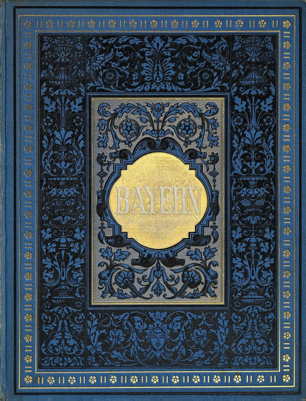 Ein blau-goldenes Buch mit dem Wort "Bayern" auf dem Cover, verziert mit detaillierten Designs.