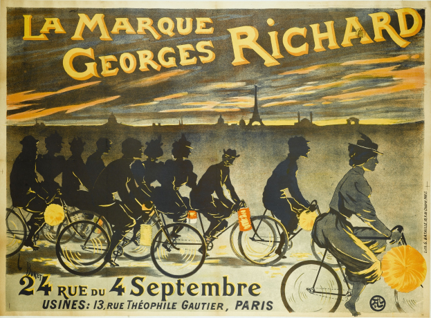 Plakat, das ein Fahrradrennen in Paris, Frankreich, ankündigt, mit einer Gruppe von Radfahrern und dem Eiffelturm im Hintergrund.