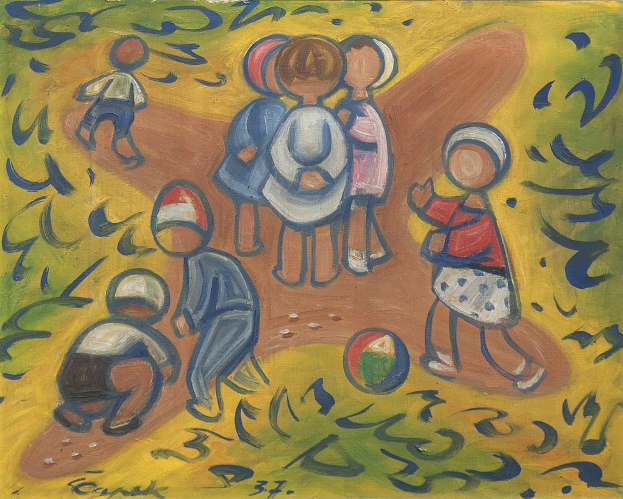 Ein Bild auf einer Tafel, das Kinder beim Spielen mit einem Ball in einem hellen, fröhlichen Feld zeigt, mit etwas Text.