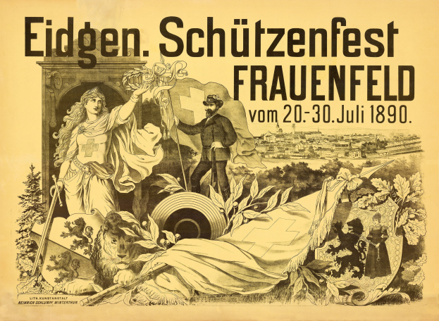 Plakat für das Eidgenössische Schützenfest in Frauenfeld, Deutschland, das einen Mann in einem Anzug und eine Frau in einem Kleid zeigt, die nebeneinander stehen, sowie weitere Details zum Event.