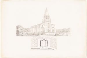 Eine Zeichnung der Bartholomäus-Kirche in Berlin mit einem Turm, Bäumen und Menschen und dem Text "Bartholomäus-Kirche in Berlin" unten.