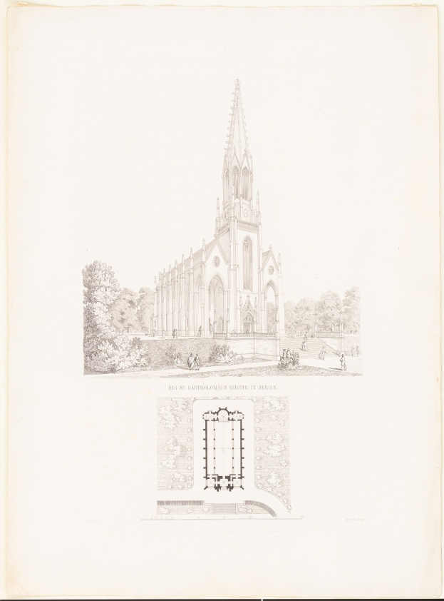 Eine Zeichnung der Bartholomäus-Kirche in Berlin mit einem Turm, Bäumen und Menschen und dem Text "Bartholomäus-Kirche in Berlin" unten.