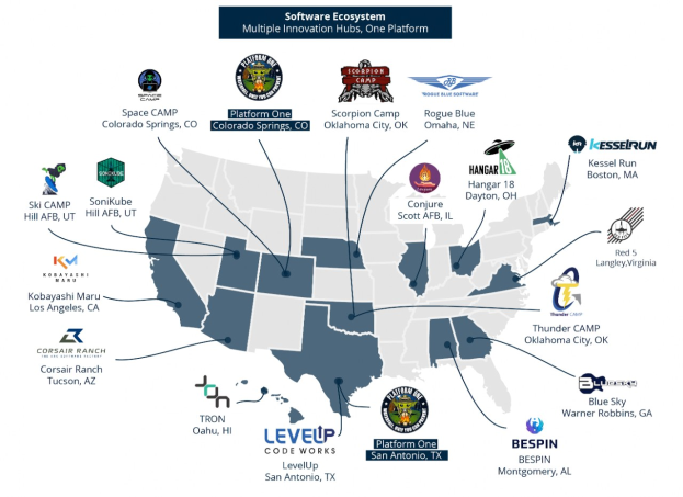 Eine Karte der Vereinigten Staaten, die Unternehmenslogos und Text enthält, der die Standorte des Software-Ökosystems anzeigt.