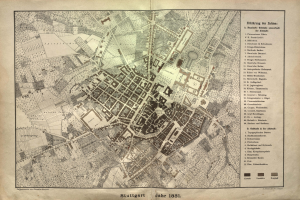 Ein detaillierter Stadtplan von Stuttgart aus dem Jahr 1881 mit Text zur Übersicht des Gebiets.