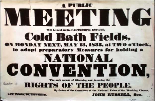 Schwarzes und weißes Plakat, das eine öffentliche Versammlung mit dem Titel 'Nationalkonvent, Rechte des Volkes' ankündigt, die auf den Cold Bath Fields stattfindet.