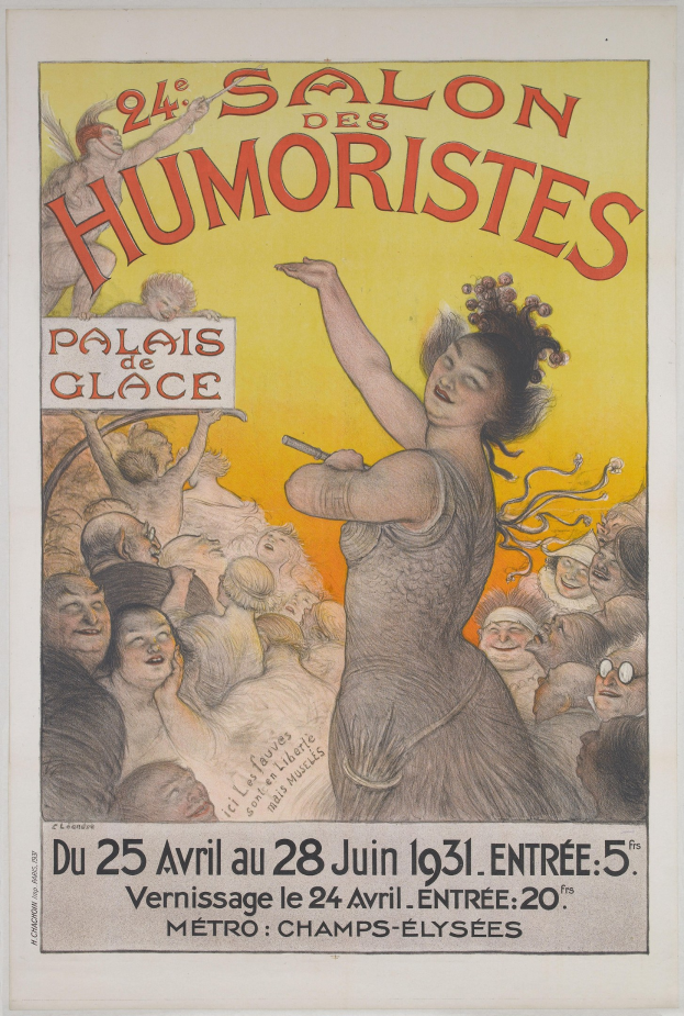 Plakat für den Salon des Humoristes in Paris mit einem Frauengesicht, umgeben von einer Menge, mit Text zur Beschreibung des Ereignisses.