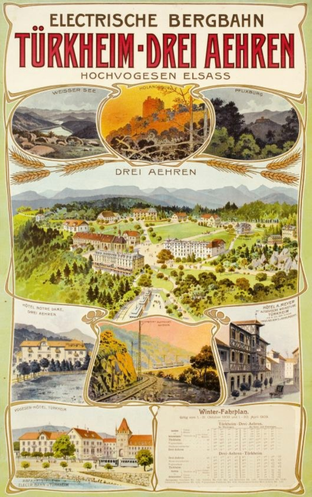 Plakat für Bergbahn, Deutschland als Elektrostadt, zeigt Gebäude, Bäume, Hügel und beschreibenden Text.