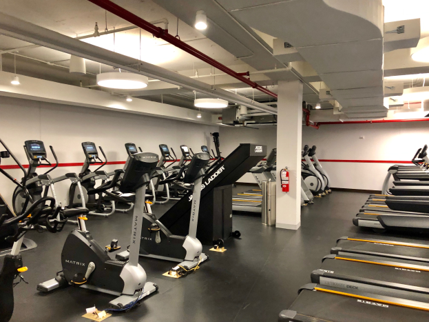 Ein Fitnessstudio-Innenraum mit einer Reihe von Laufbändern und Ellipsotrainern, einer Säule, einem Feuerlöscher an der Wand und Deckenleuchten, Located in a New York City fitness center.