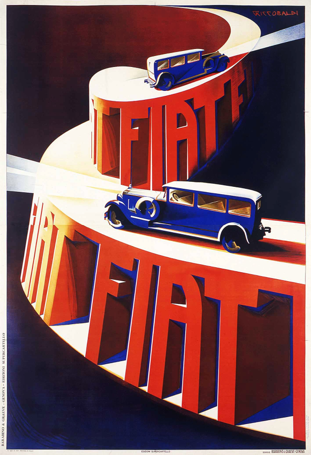 Blau und rote Fiat-Autos auf einem Werbeplakat mit dem Markennamen "Fiat"