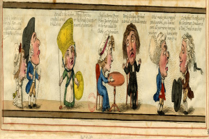 A cartoon of a group of people sitting around a table, one holding an object, with text reading "Friedrich von Bismarck's Cartoon of the Day" on the paper in front of them, engaged in conversation with some gesturing.