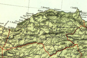 Eine alte Karte der Kaukasus-Region mit einer roten Linie hindurch, gefüllt mit Text, der die Region detailliert.