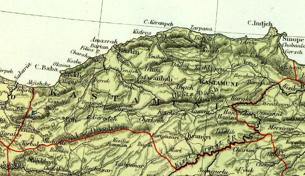 Eine alte Karte der Kaukasus-Region mit einer roten Linie hindurch, gefüllt mit Text, der die Region detailliert.