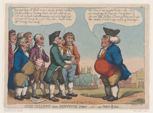 Cartoon illustration of people standing outside a building with trees and sky, with text at the bottom reading "odd fellows from downing street complaining to John Bull".
