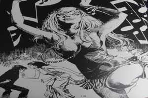 Ein Gemälde, das ein paar tanzende Menschen mit musikalischen Noten oben zeigt.