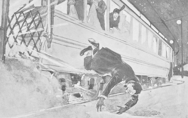 Schwarze und weiße Zeichnung eines Mannes, der von einem Zug fällt, mit Menschen auf der Plattform und Hintergrunddetails, einschließlich Text am unteren Rand.